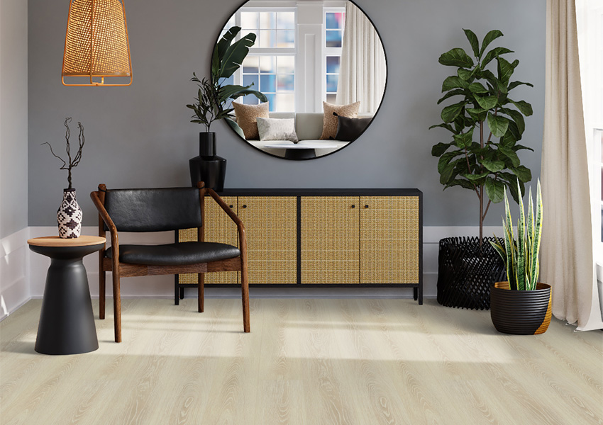 hardwood flooring in living room with contemporary decor.